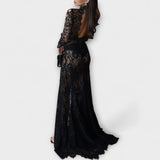 Azalea - Vidurnakčio Elegancija Permatomas Iškirptas Ilgomis Rankovėmis Stretch Maxi Suknelė
