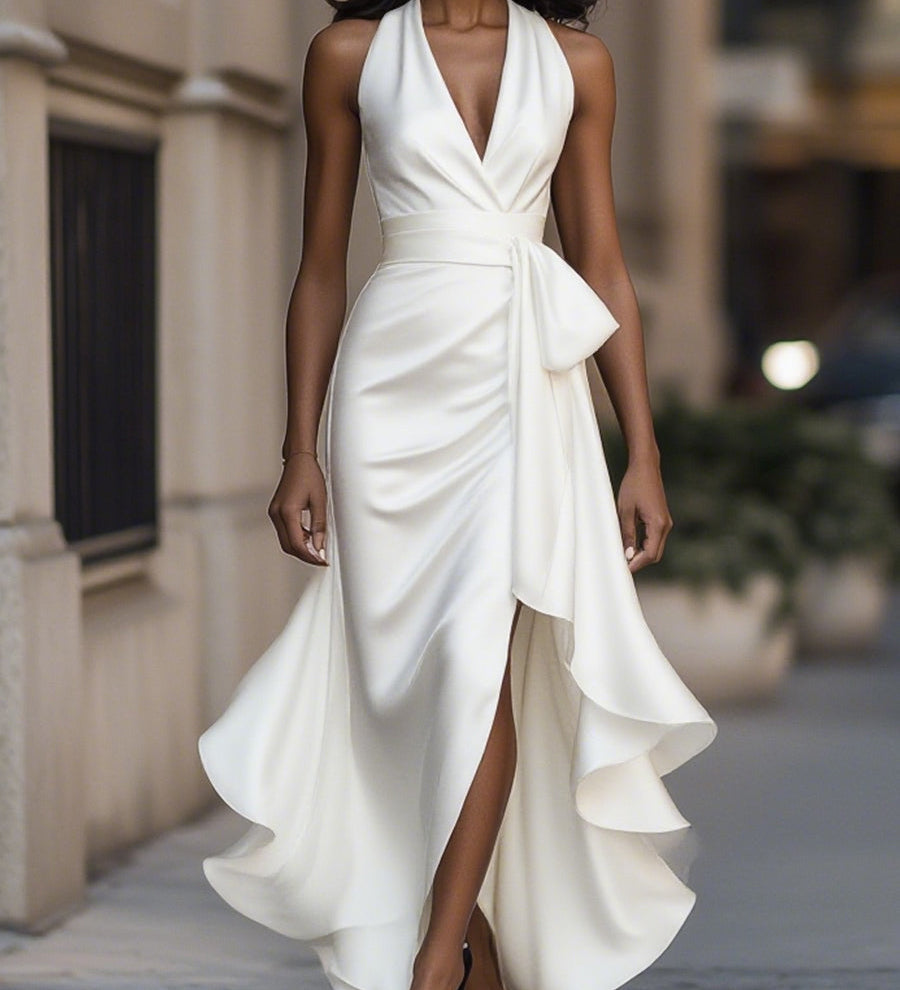 Vidurnakčio Elegancija Satino Kaklo Suknelė su Volanais