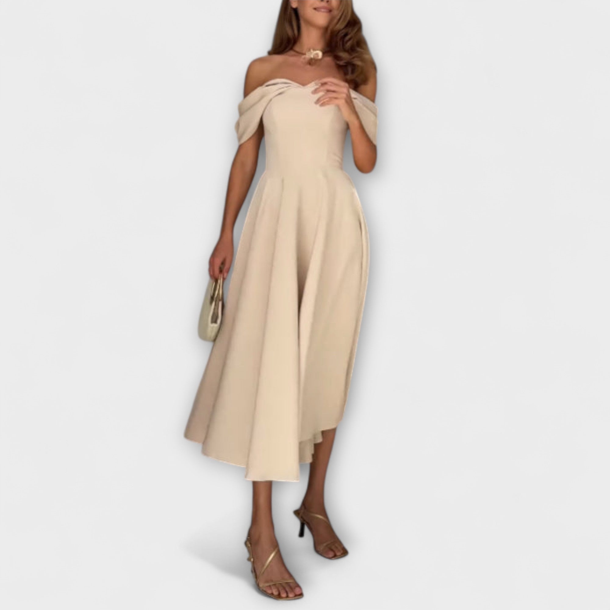 Romy - Stilingos off-the-shoulder maxi suknelės su drapiruotėmis