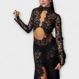 Azalea - Vidurnakčio Elegancija Permatomas Iškirptas Ilgomis Rankovėmis Stretch Maxi Suknelė