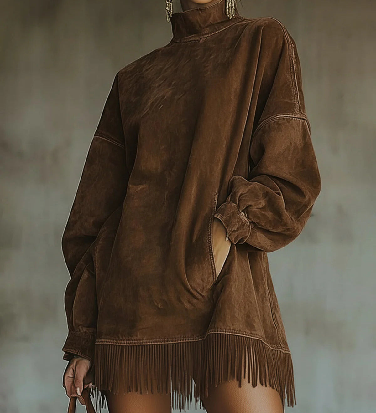 Božena | Suede suknelė su aukštu apykakle ir kutais