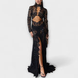 Azalea - Vidurnakčio Elegancija Permatomas Iškirptas Ilgomis Rankovėmis Stretch Maxi Suknelė